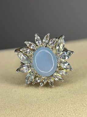 Prime Art 925 Sterling Silver Blue Topaz Sunburst Halo Statement Ring